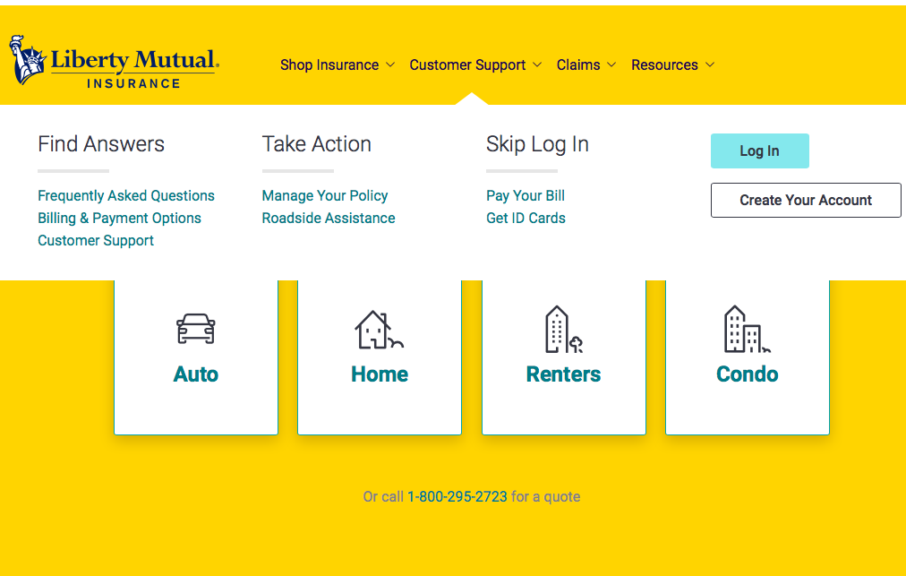 liberty mutual homepage customer support menu