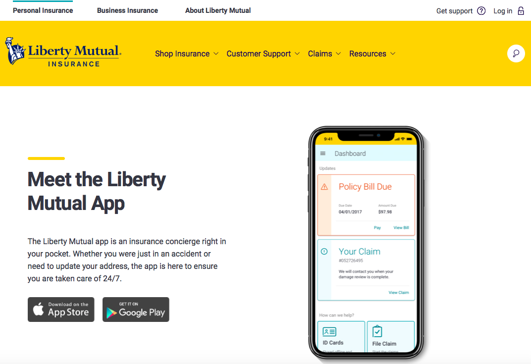 liberty mutual mobile app website page