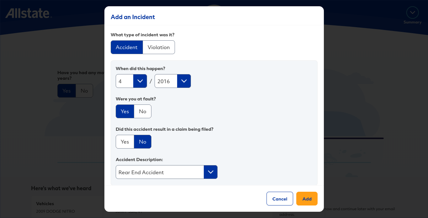 Allstate online quote form accident report