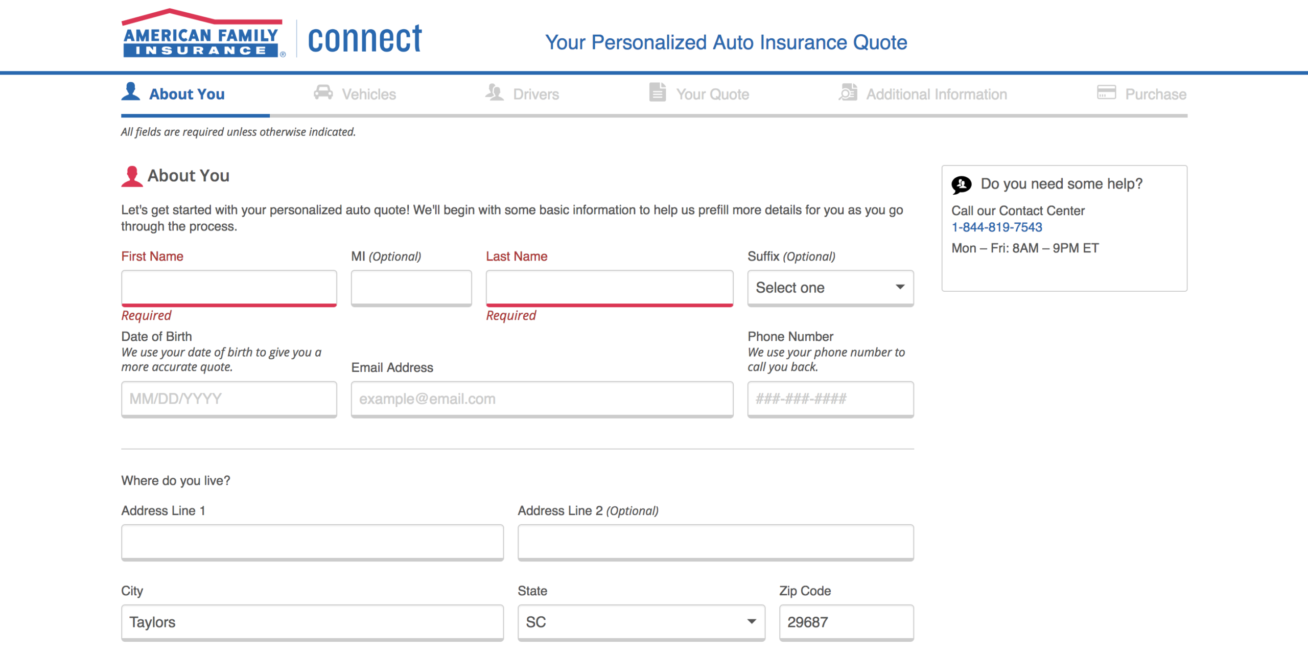 American Family Auto Insurance enter personal information