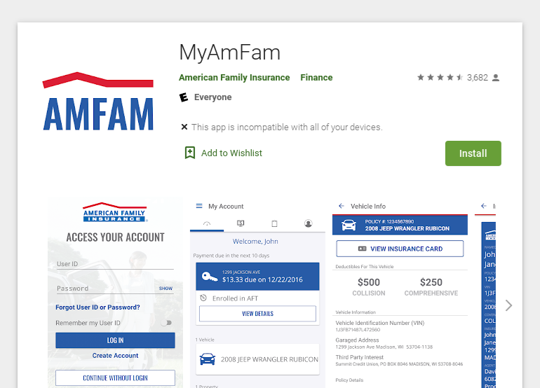 American Family Auto Insurance app policy information