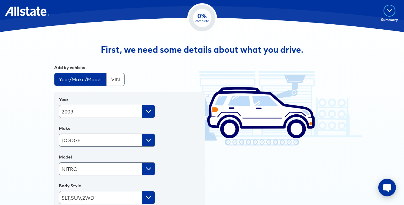 Allstate online quote form vehicle details