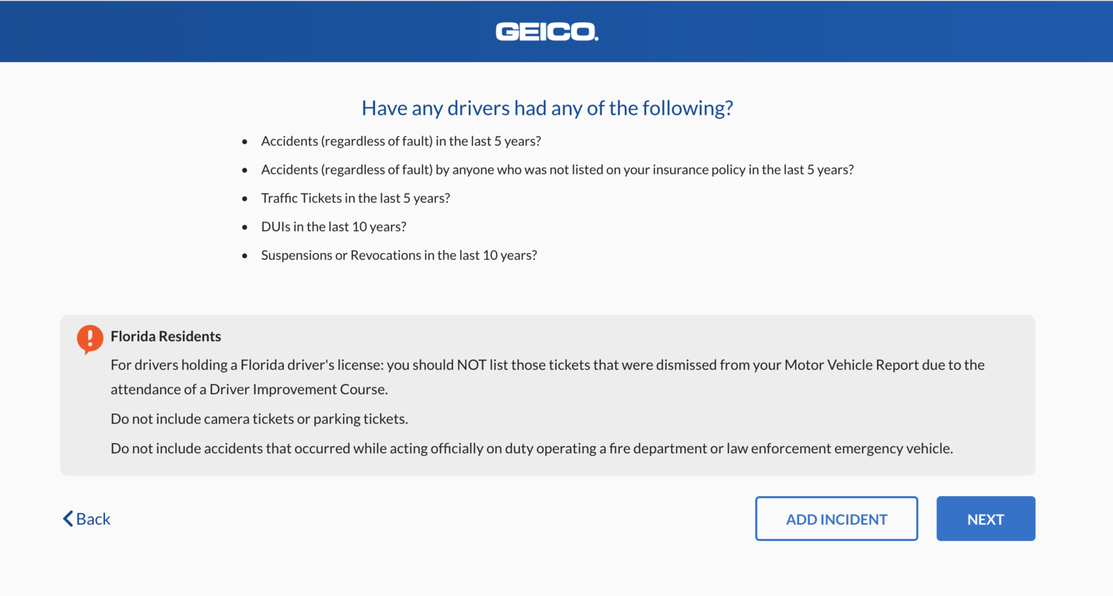 Geico quote driving history