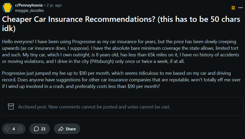Reddit Post: cheap auto insurance in Pennsylvania