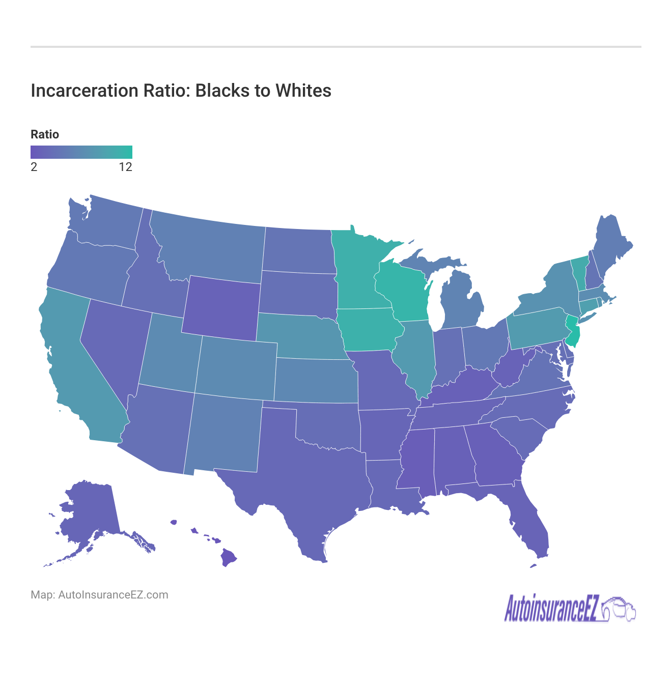 <h3>Incarceration Ratio: Blacks to Whites</h3>